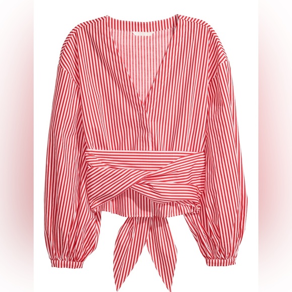 H&M Tops - V Neck Red & White Striped Women's Cotton Blouse